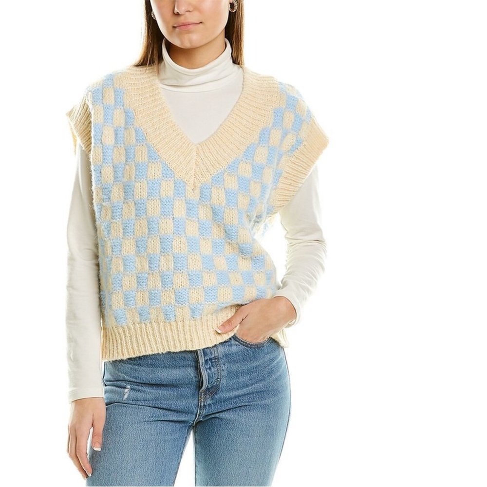 English Factory check Sweater Vest size small blue ivory preppy office